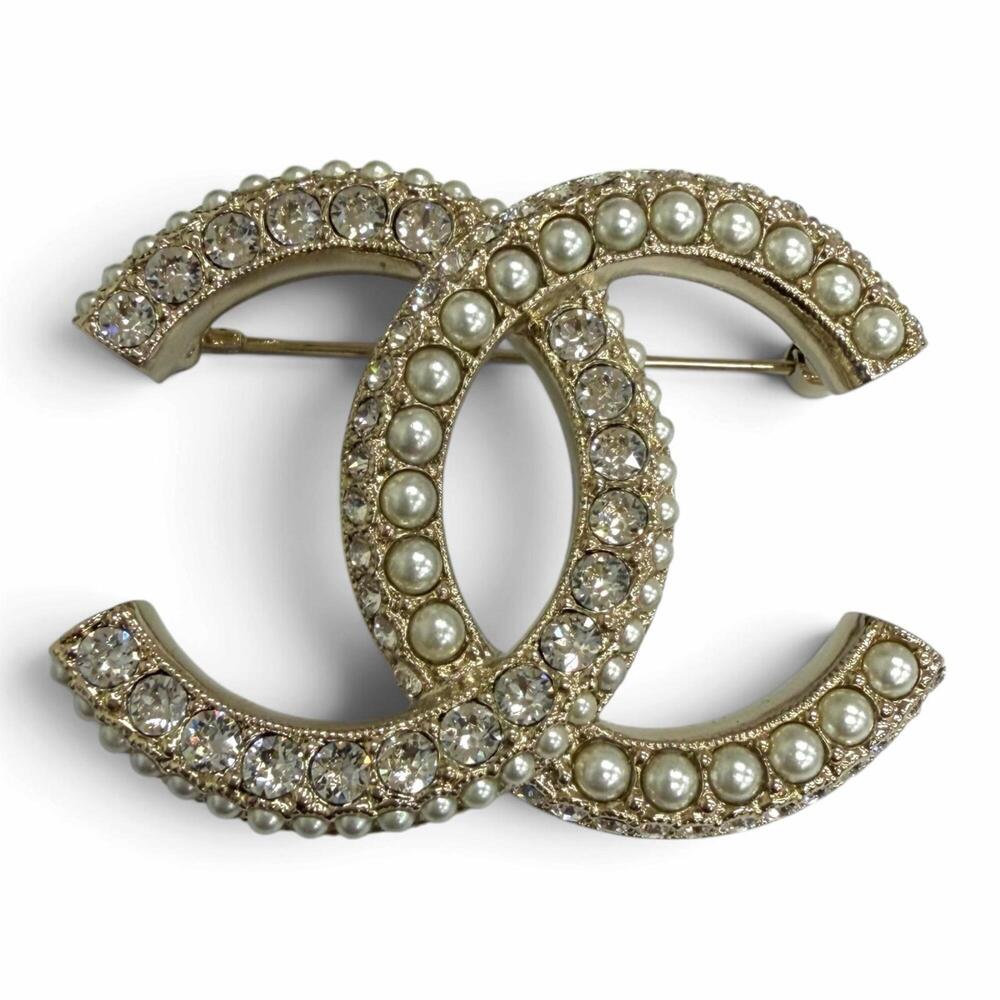 CHANEL Gold Pearl Logo Brooch